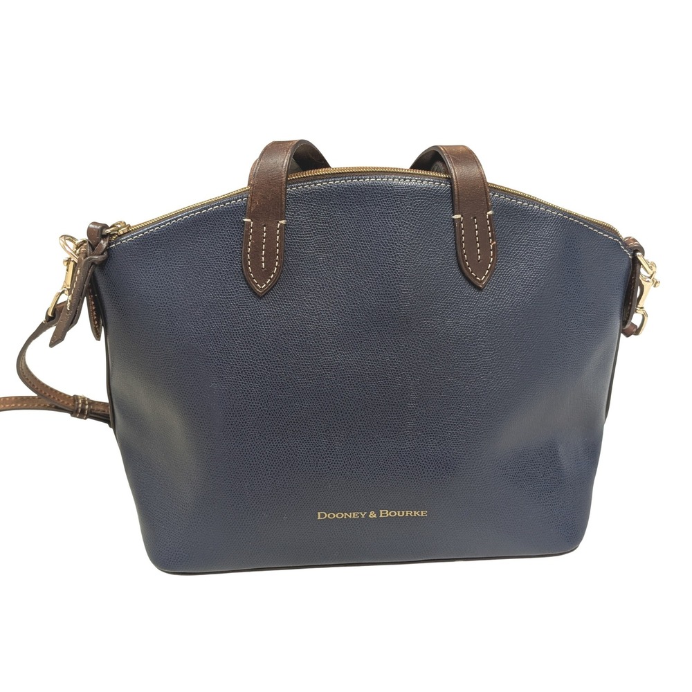 Dooney & Bourke Pebble Grain Leather Zip Top Tote Navy Blue / Brown Crossbody - Picture 2 of 13